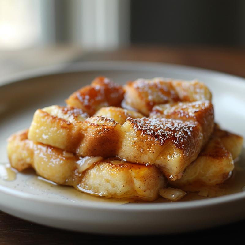 Close-up of a delicious portion of easy French toast bake on a light grey ceramic plate.