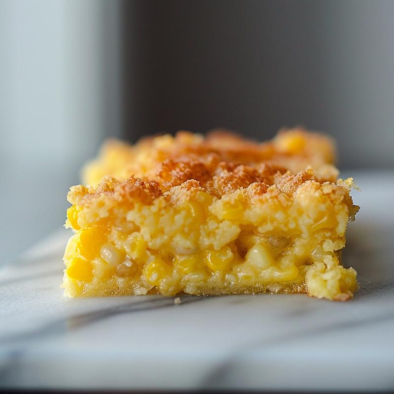 Close-up of a creamy corn casserole dish on a white marble surface, highlighting its texture.