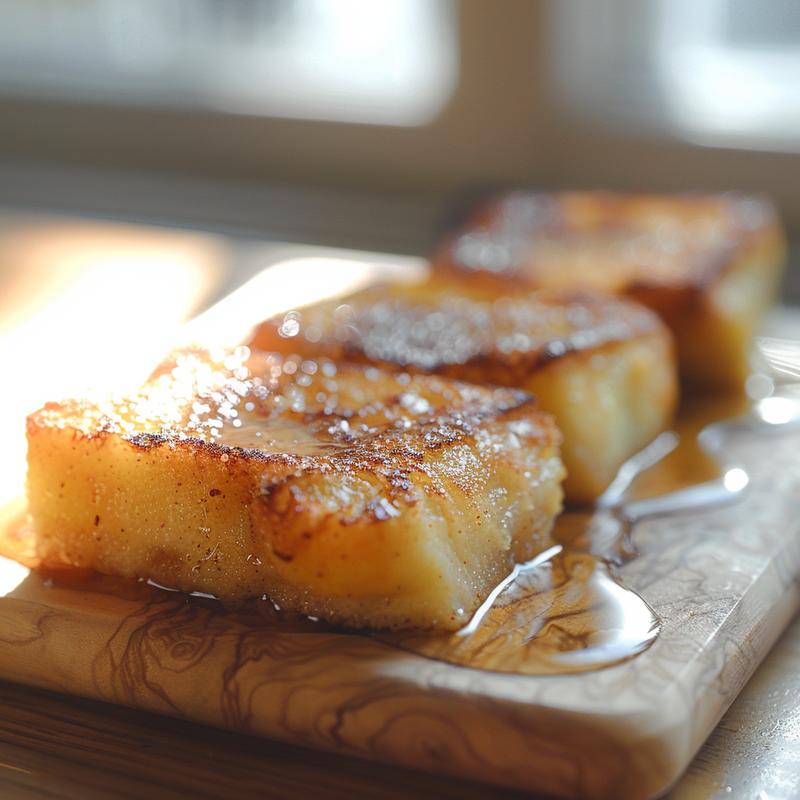 A close-up of a perfectly baked French toast casserole on a light wood board.