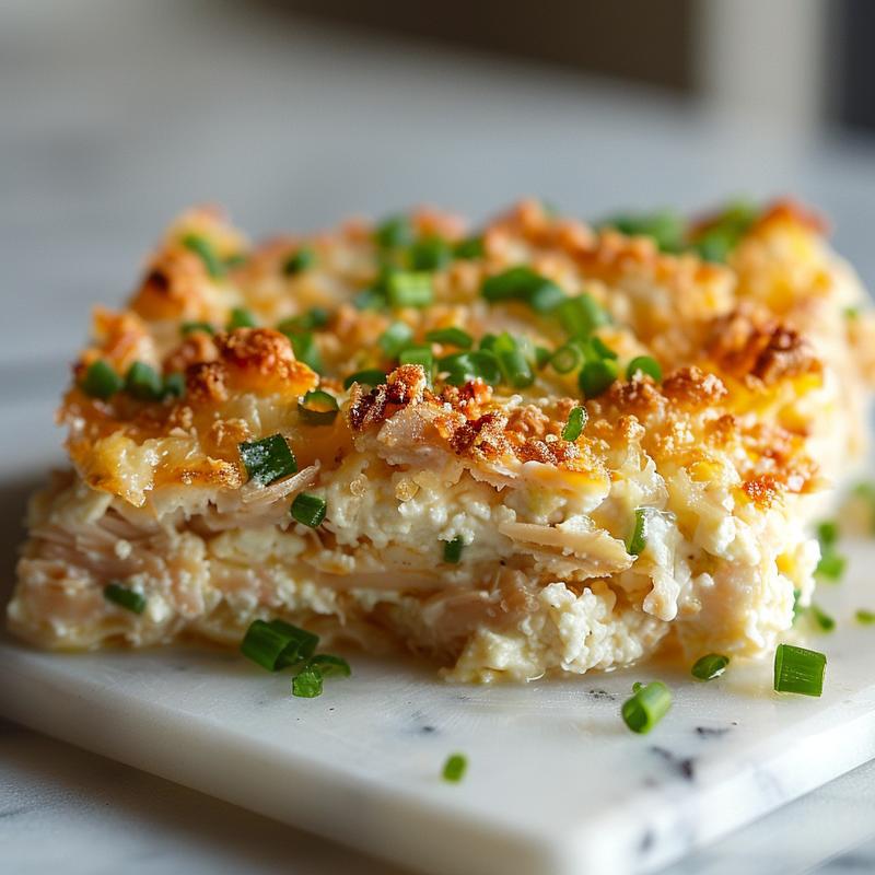 A close-up view of a creamy tuna and cottage cheese casserole on a white marble surface.