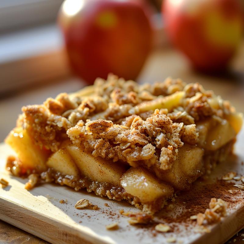 Close-up of a delicious portion of apple crisp topped with oats and cinnamon on a light wood board.