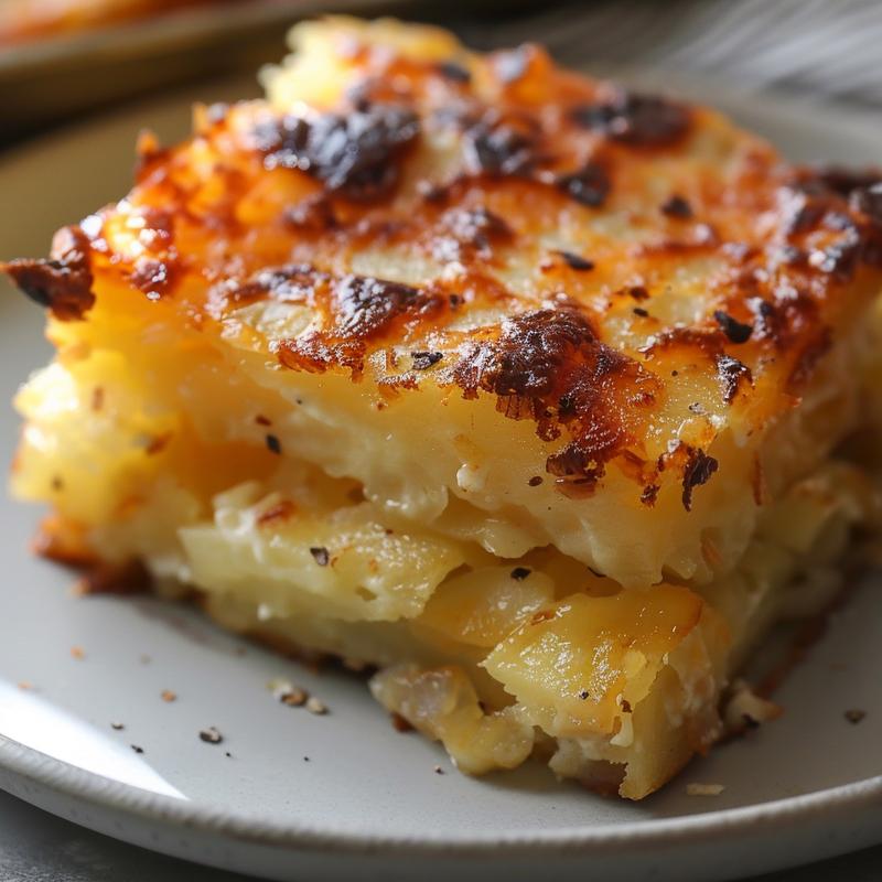 A close-up of a hashbrown casserole served on a light grey ceramic plate with golden-brown crispy edges.