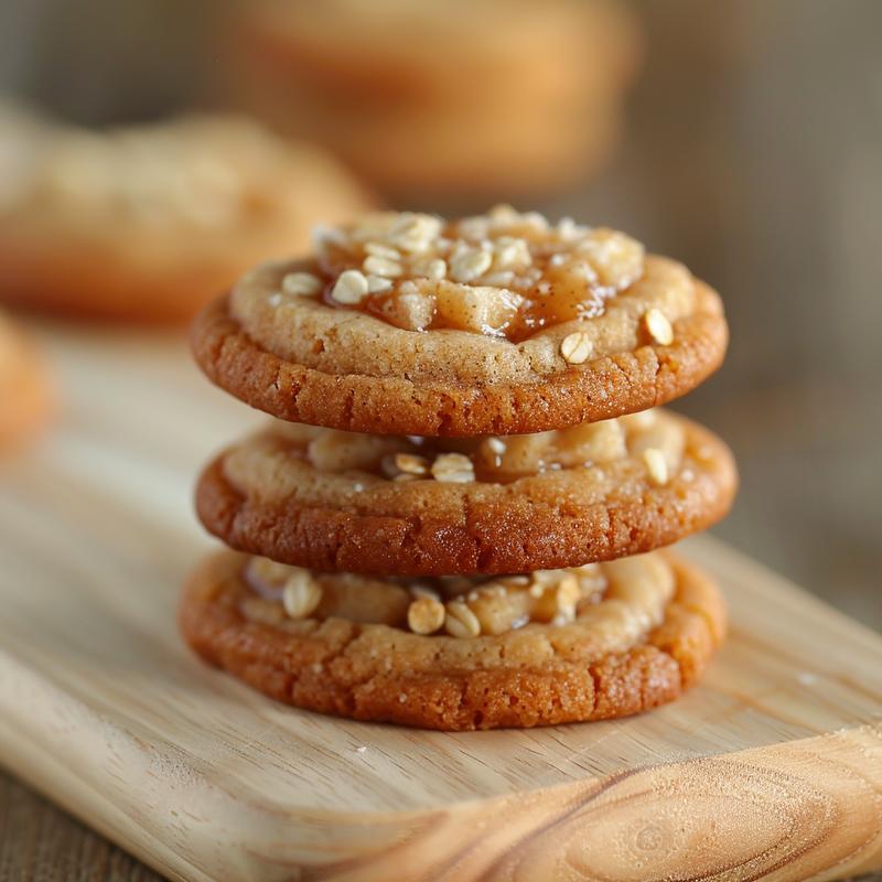 A close-up of three apple crisp cookies stacked on a light wooden board.
