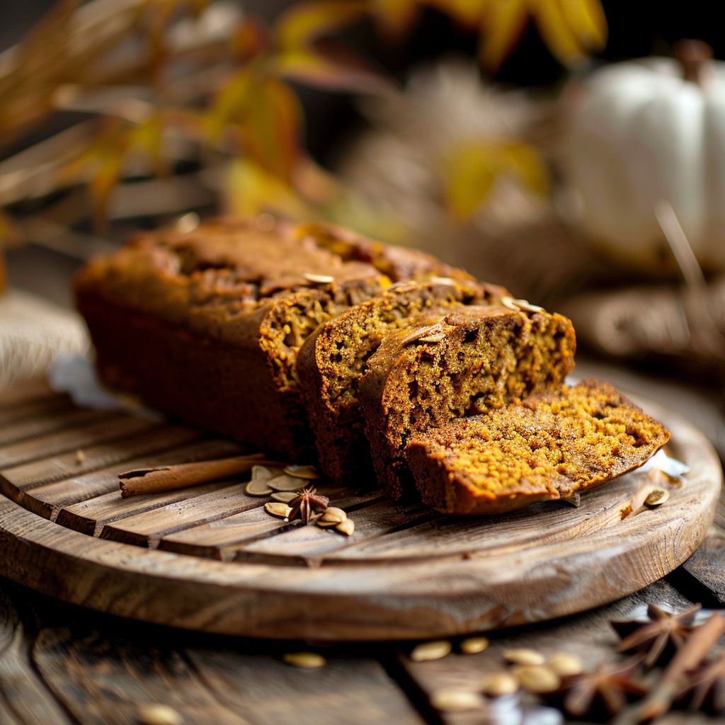 A freshly baked pumpkin bread topped with a crunchy streusel, placed on a wooden cutting board.
