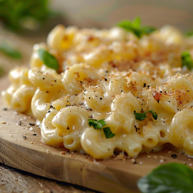 A close-up view of creamy baked mac and cheese on a light wood board.