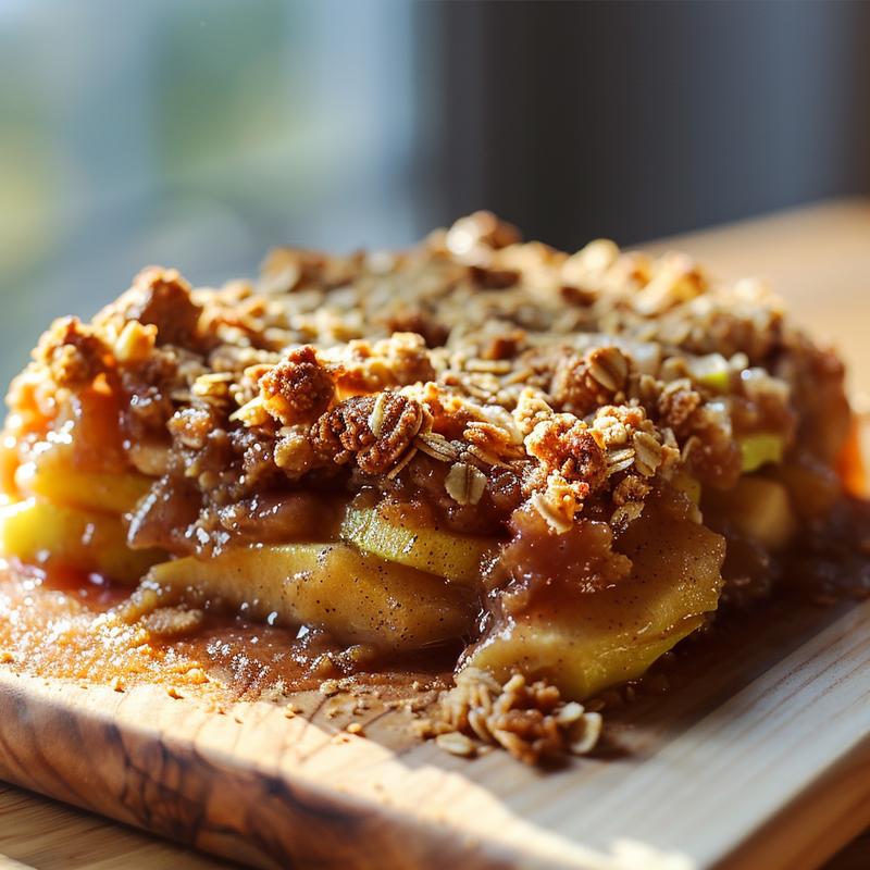 A close-up of a golden-brown apple crisp portion on a light wooden board.
