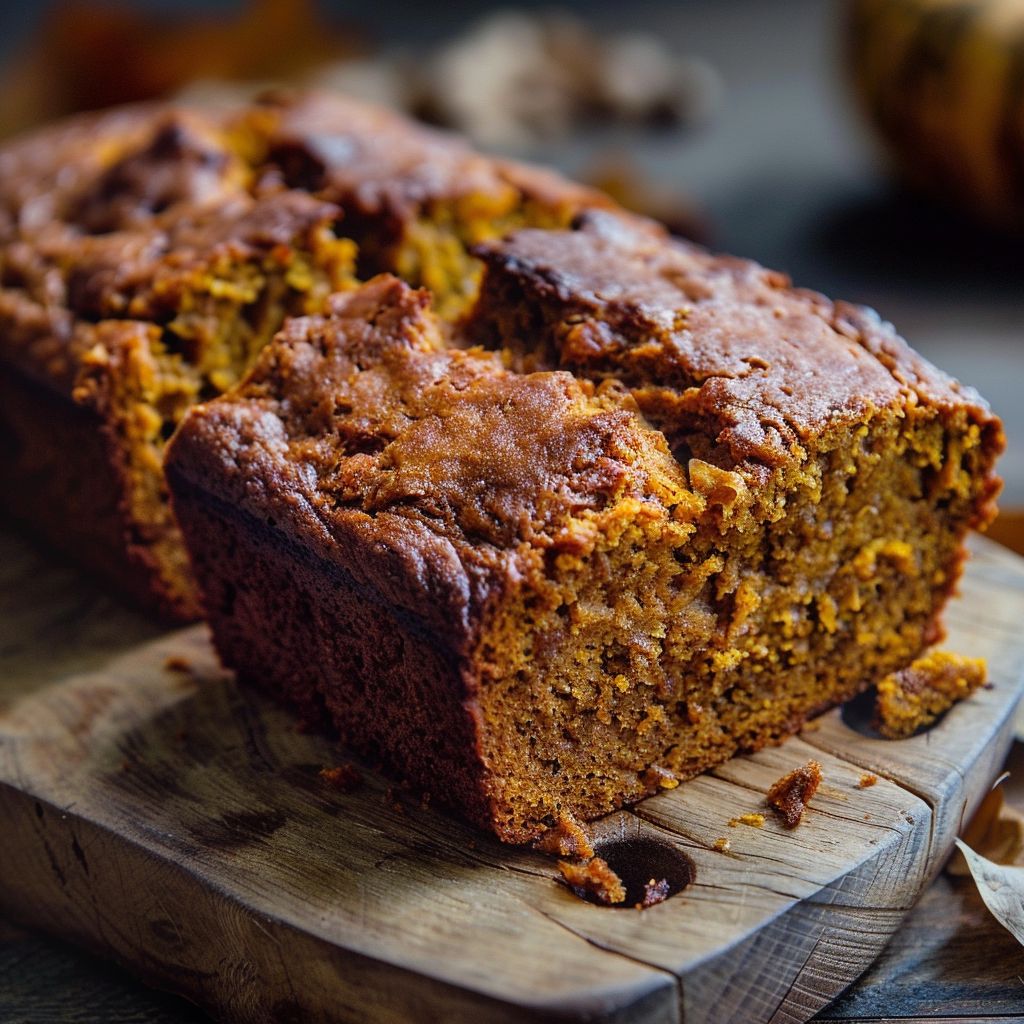 A slice of pumpkin bread topped with streusel on a rustic wooden table.