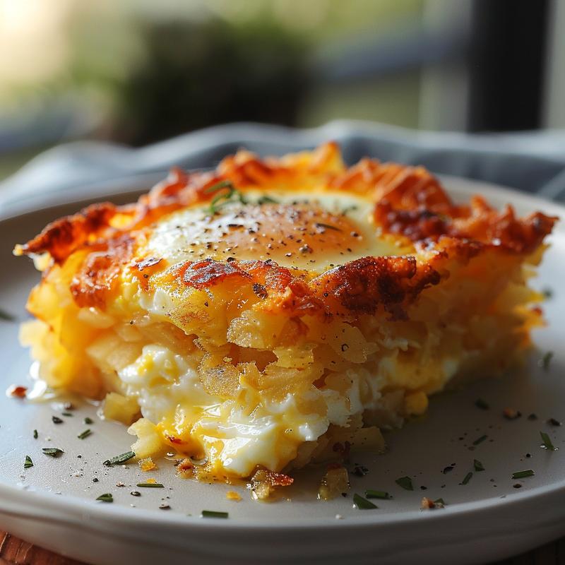 Extreme close-up of a delicious portion of crockpot breakfast casserole on a grey plate.