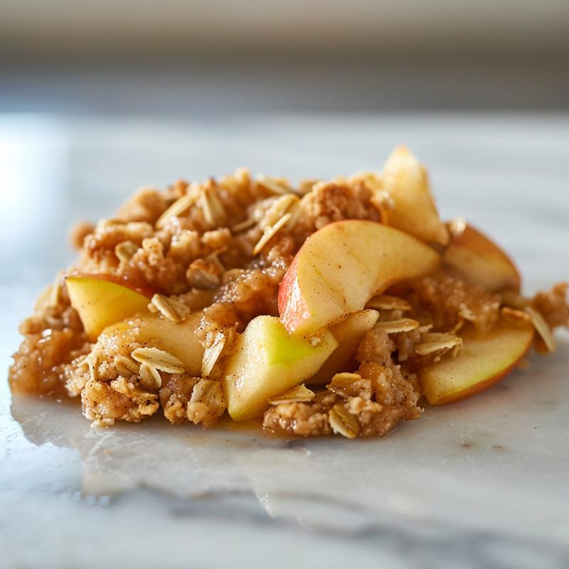Close-up view of apple crisp topping with a golden-brown texture on a white marble surface.