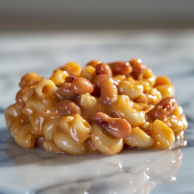 Close-up of a creamy mac and cheese with baked beans on a marble surface.