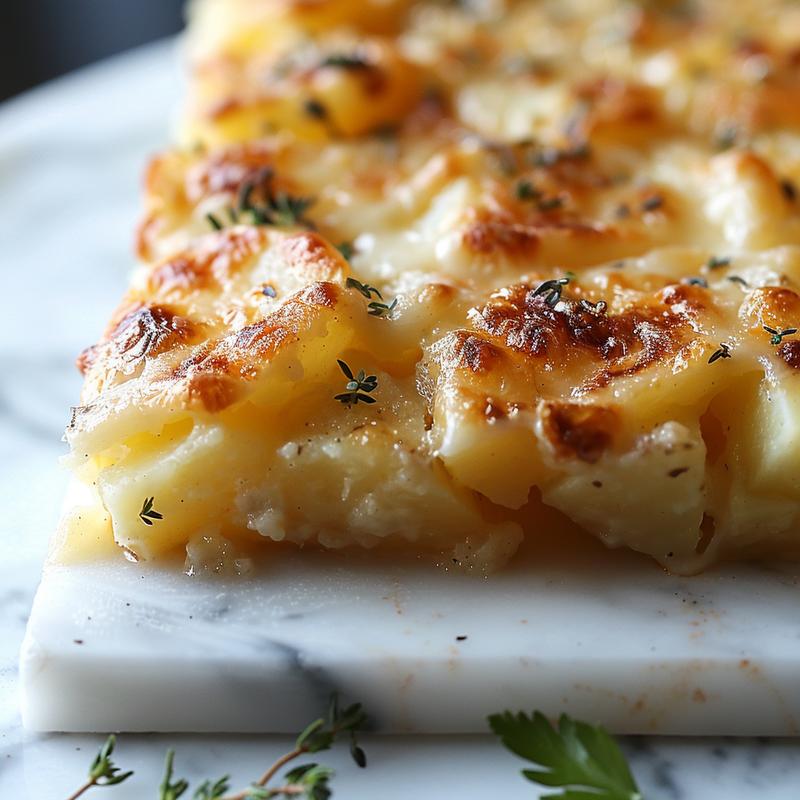 Close-up of creamy potatoes au gratin with melted cheese on top, set on a white marble surface.
