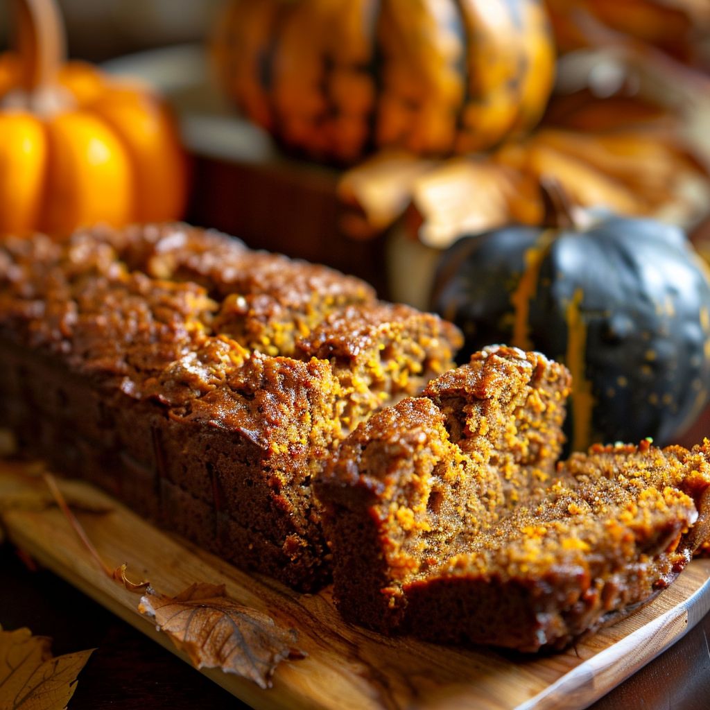 A freshly baked pumpkin bread loaf with a golden-brown streusel topping, displayed on a rustic wooden table.