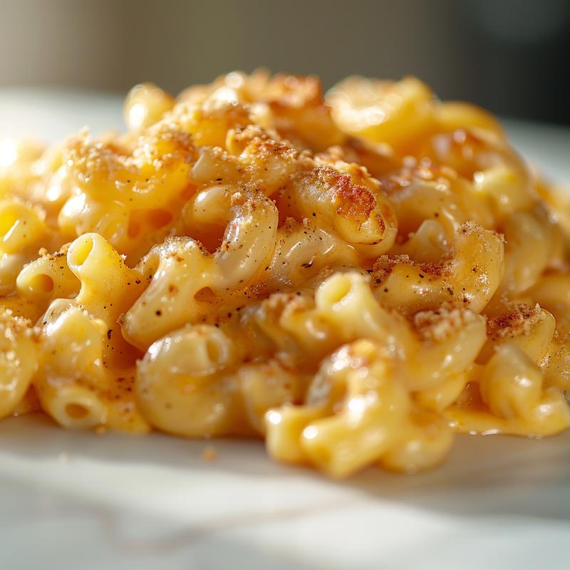 A close-up of a creamy portion of baked macaroni and cheese on a white marble surface.