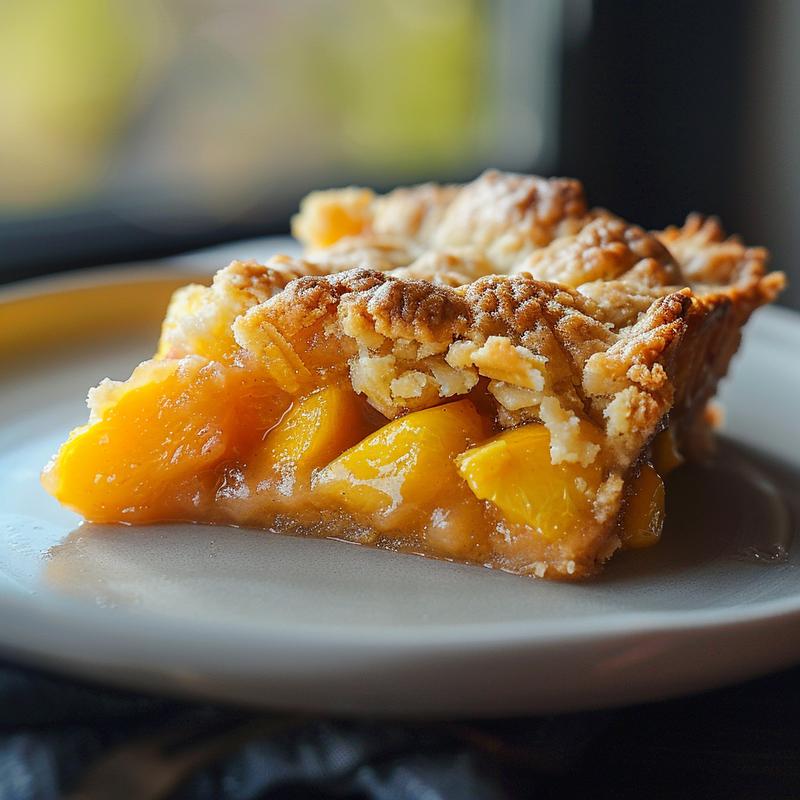 A close-up view of a delicious slice of southern peach cobbler on a light grey ceramic plate.