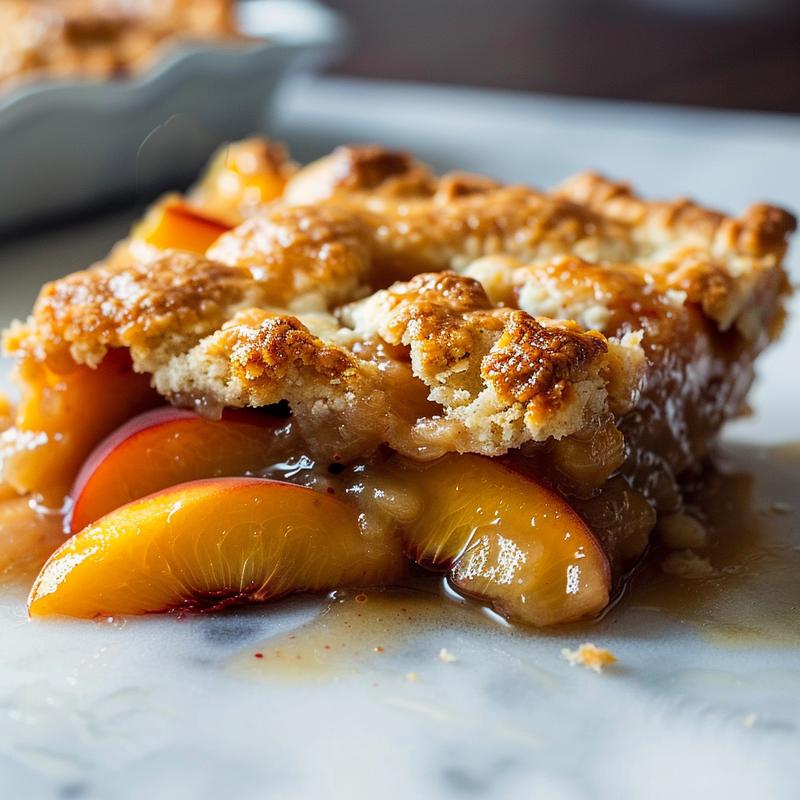 Close-up of a slice of peach cobbler on a marble surface, showcasing golden crust and juicy peach filling.
