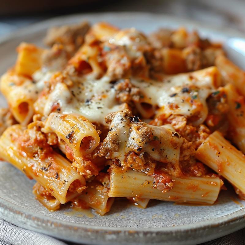 Close-up of a serving of baked ziti on a light grey plate.
