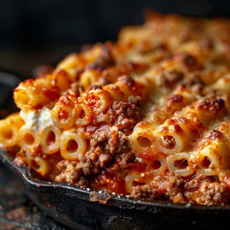 Close-up of baked ziti with ground beef and ricotta in a rustic cast iron dish.