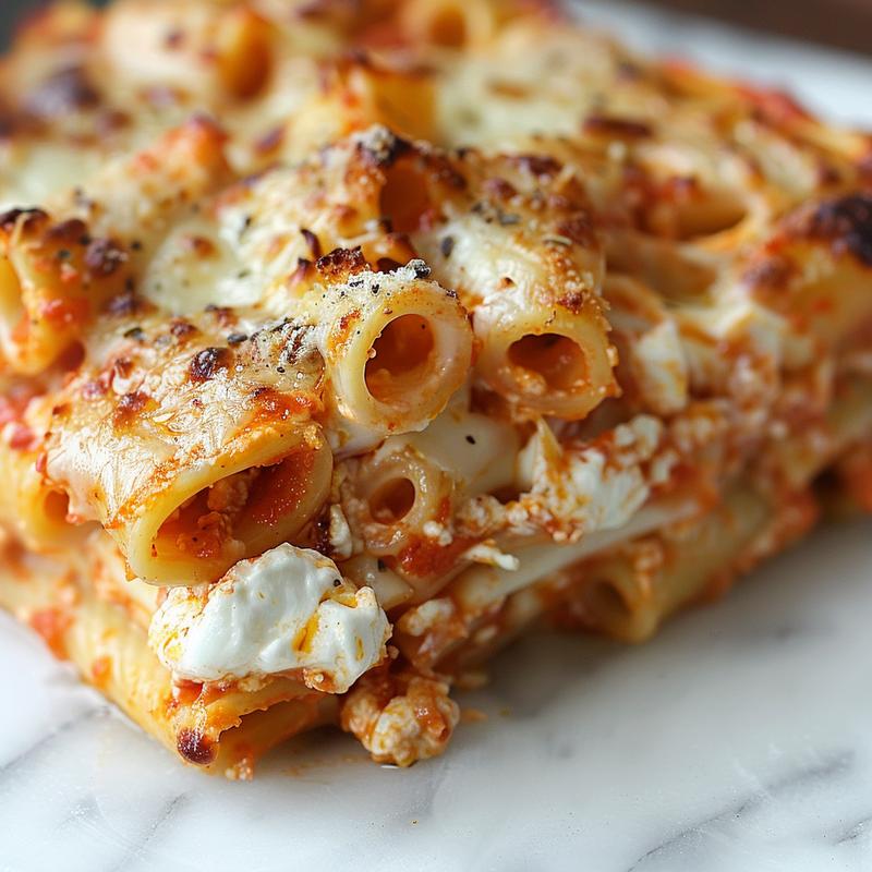 Close-up of a creamy baked ziti dish with visible ricotta and mozzarella cheese on a white marble surface.