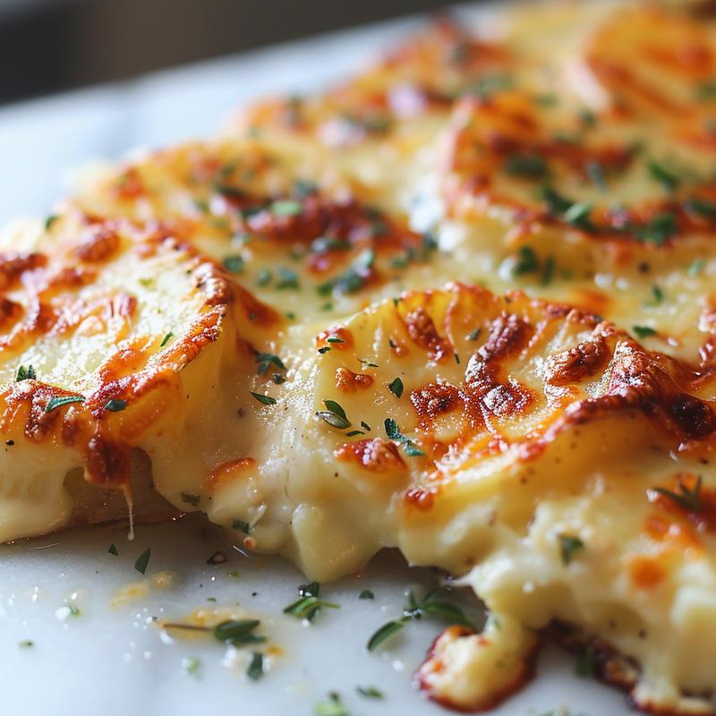 Close-up of creamy au gratin potatoes in a skillet, showcasing cheese and texture.