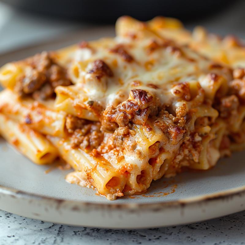 Close-up of creamy cheesy baked ziti on a light grey plate.