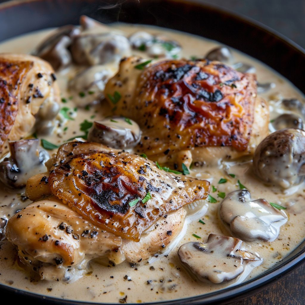 A plate of creamy mushroom chicken garnished with herbs, surrounded by colorful vegetables.
