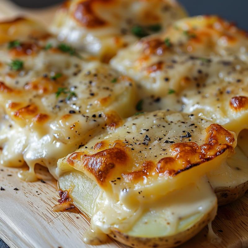 Close-up view of creamy cheesy potatoes au gratin on a light wood board.