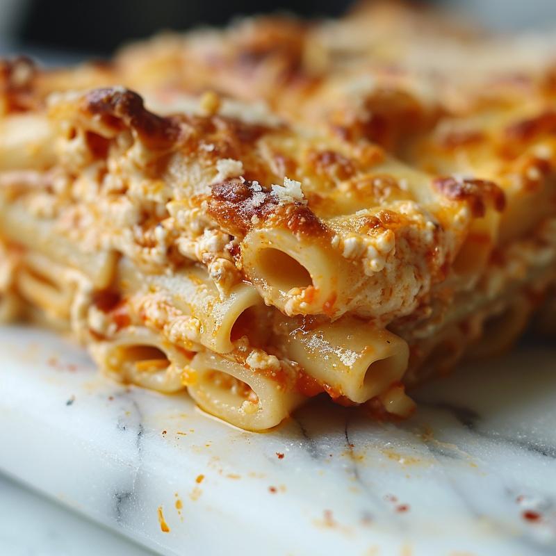 A close-up view of a warm, cheesy portion of baked ziti without ricotta on a white marble surface.