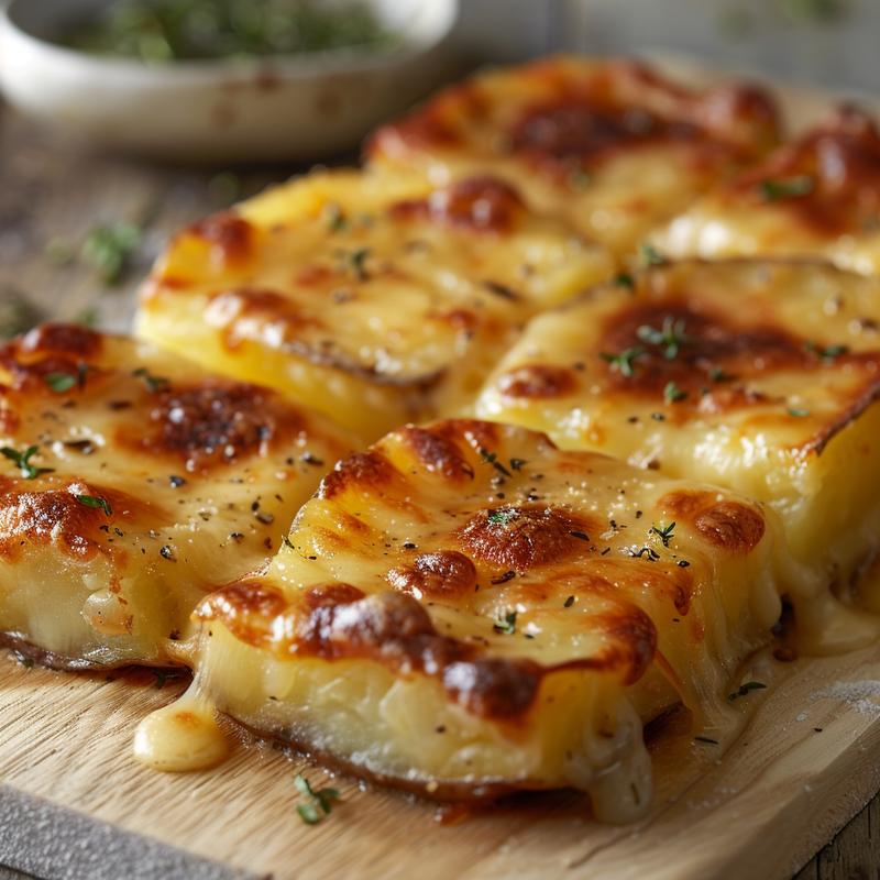 Close-up view of creamy au gratin potatoes topped with melted cheese on a light wooden board.