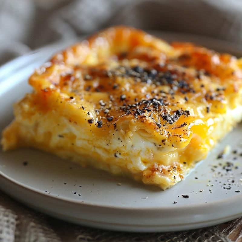 Close-up of a slice of French toast bake on a light grey ceramic plate.