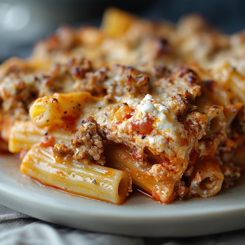 Close-up of a serving of meatless baked ziti topped with ricotta, on a light grey ceramic plate.