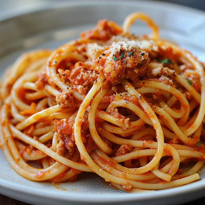 Close-up of a delicious portion of baked spaghetti on a light grey ceramic plate.