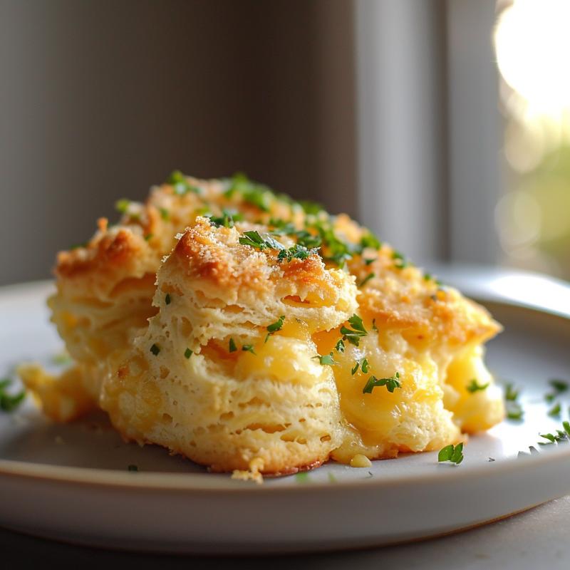 Close-up view of a delicious portion of biscuits casserole on a light grey plate.