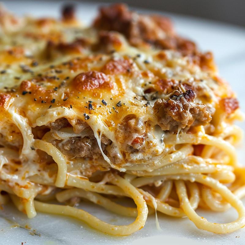 A decadent serving of baked cream cheese spaghetti casserole on a white marble surface, showcasing its creamy texture and cheese layers.