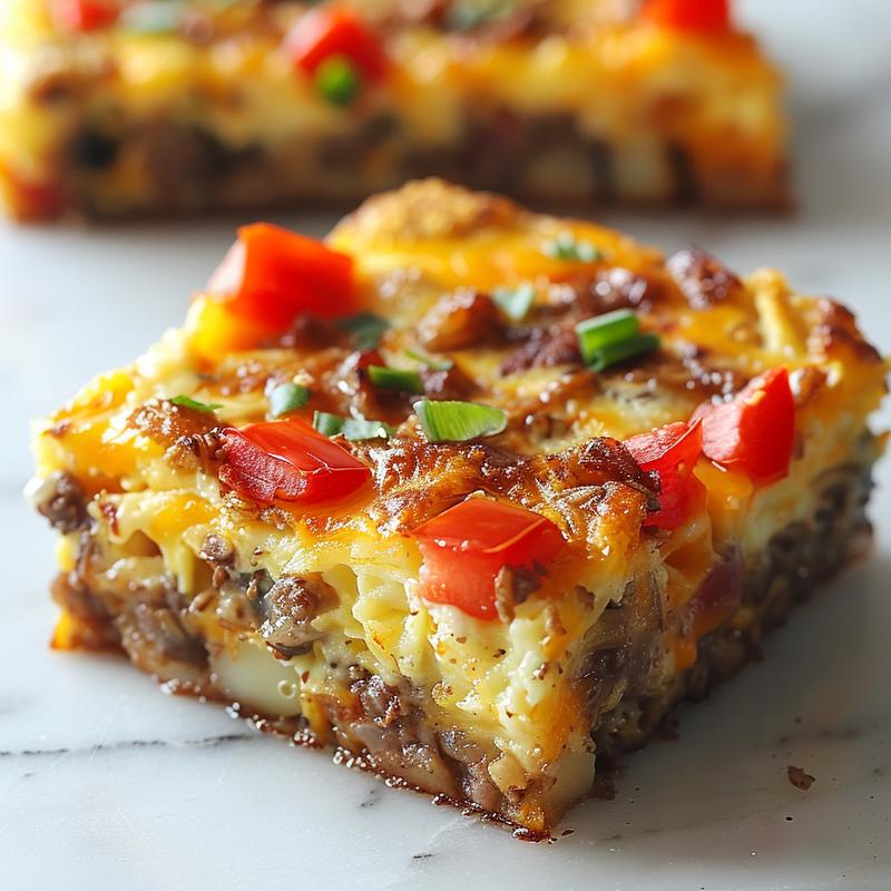 An extreme close-up of a delicious portion of an overnight breakfast casserole on a white marble surface.