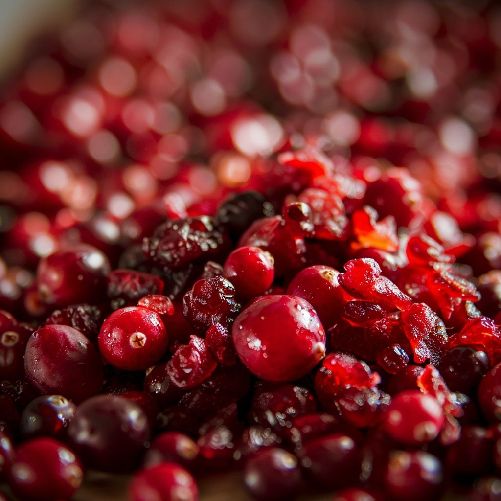 A vibrant assortment of fresh cranberries displayed in a rustic bowl with a blurred background.