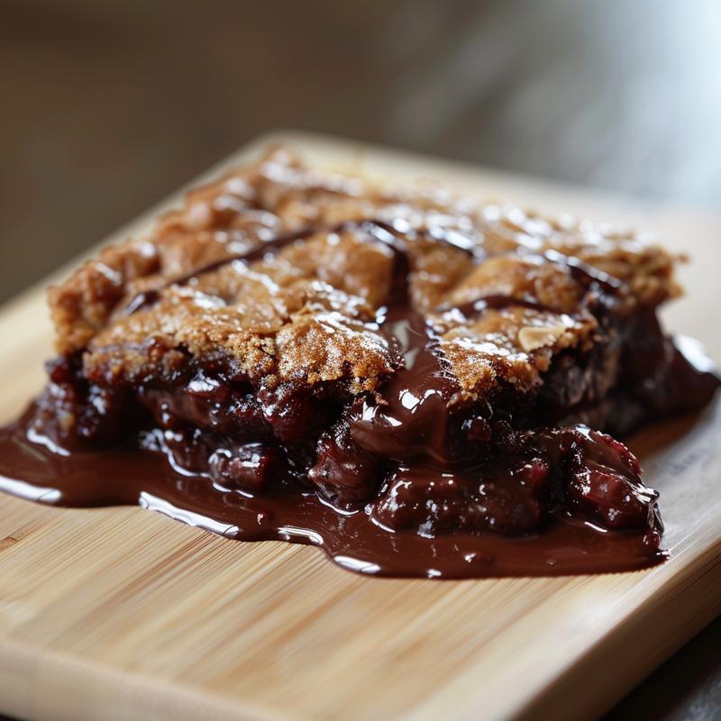 Close-up of rich chocolate cobbler on a wooden board, showcasing its glossy texture.