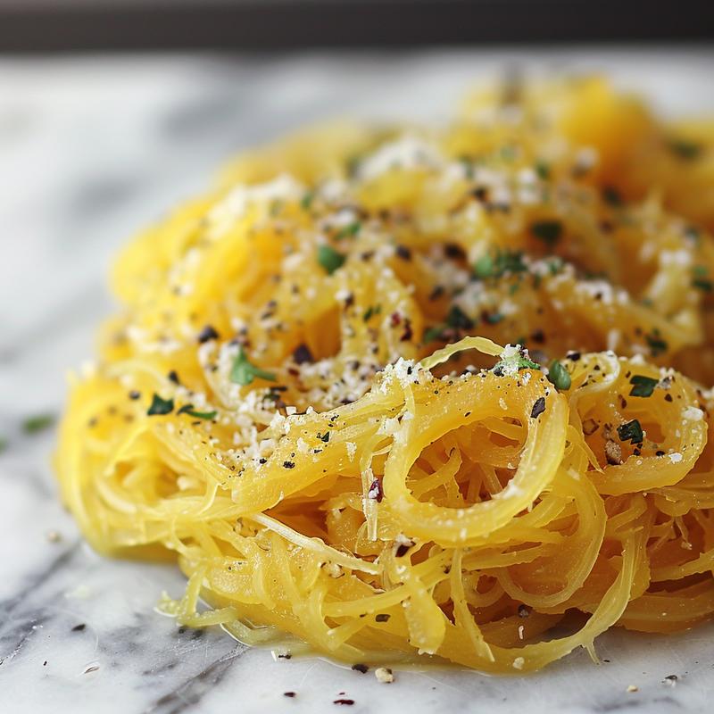 Extreme close-up of a portion of spaghetti squash pasta with a rich sauce on a white marble surface.