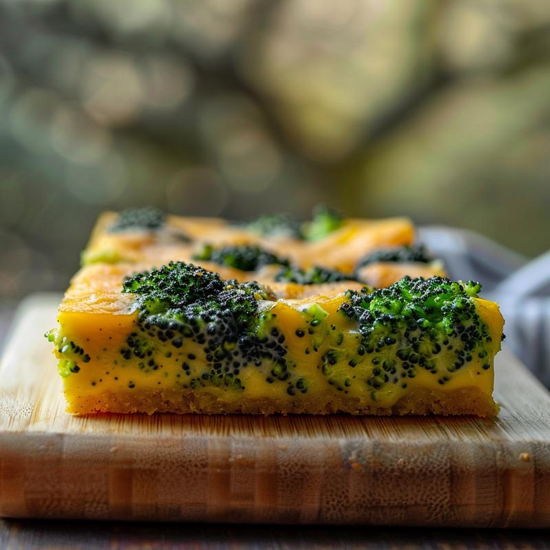 A close-up view of a creamy broccoli cheese casserole on a light wood board.
