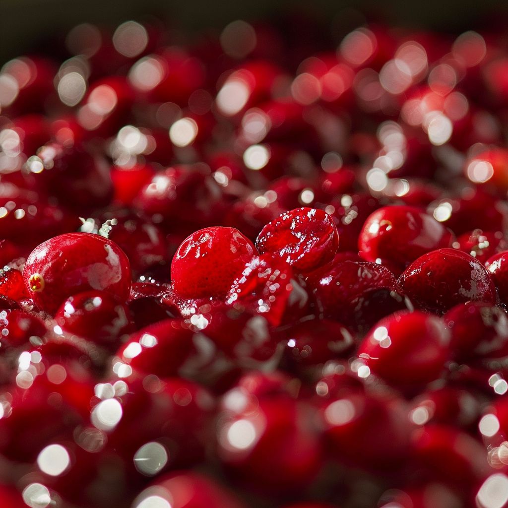 A vibrant dish featuring fresh cranberries, garnished with herbs, presented on a wooden table.