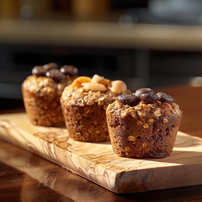 Close-up of four varieties of healthy oatmeal muffins arranged on a natural wood board.