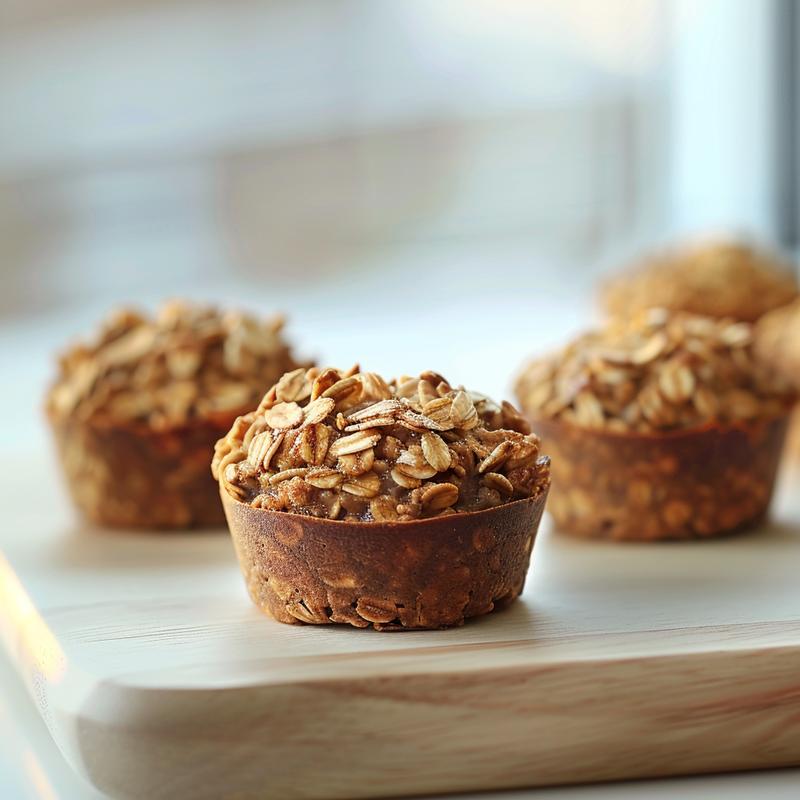 Close-up of baked oatmeal breakfast cups on a light wood board.