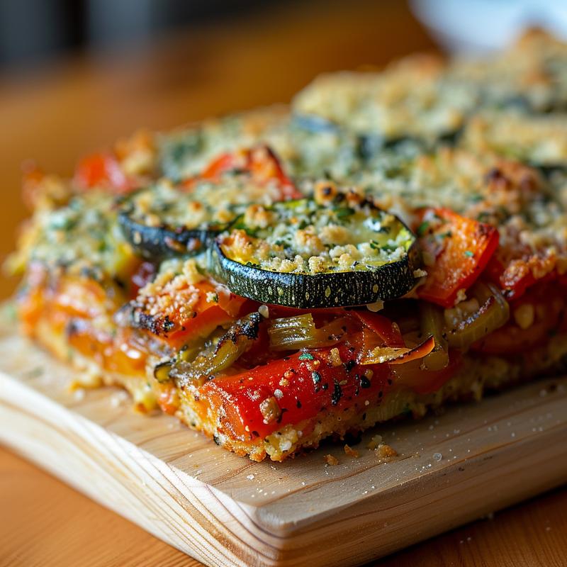 Close-up view of a colorful vegetable bake on a wooden board.