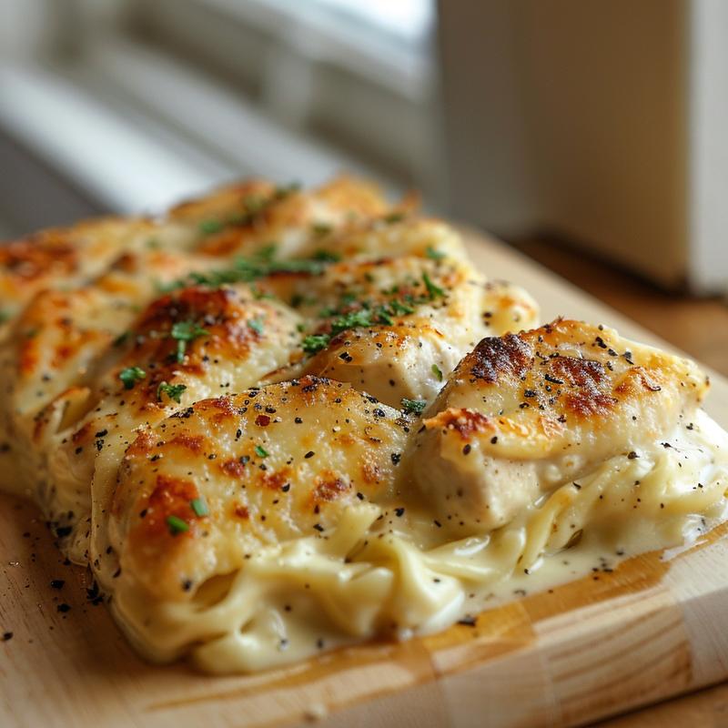 Close-up of creamy chicken alfredo bake on a light wood board, showing rich texture and detail.