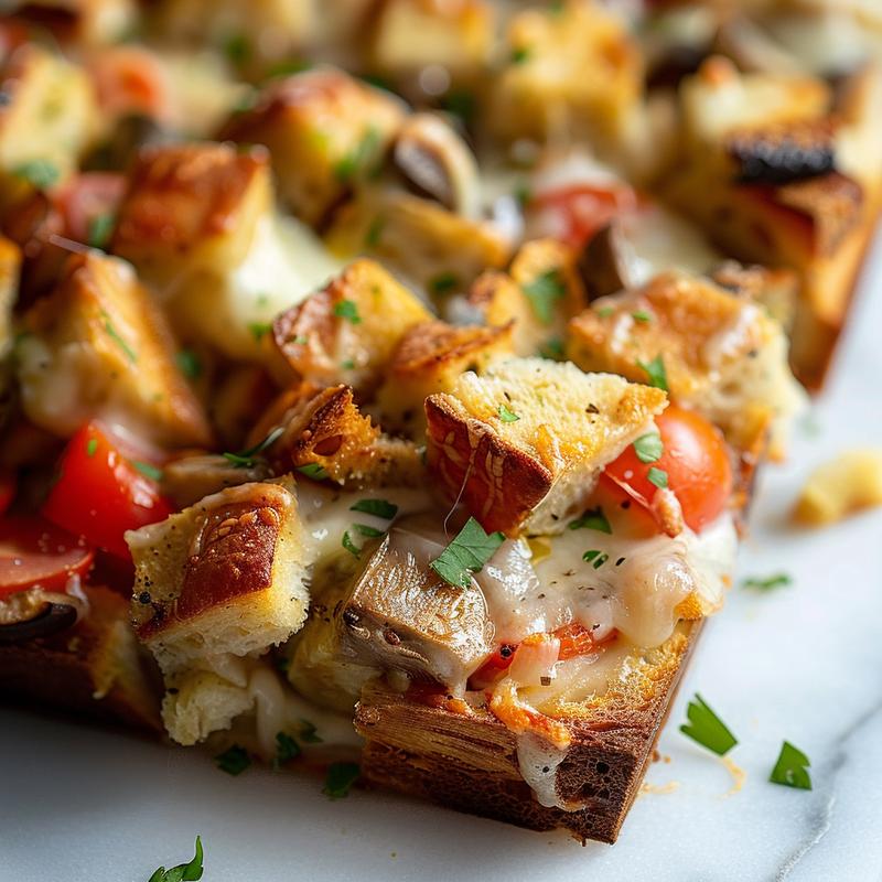 Close-up of a delicious slice of breakfast strata on a marble surface, showcasing its layers and textures.