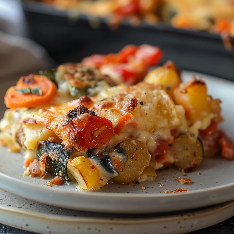 Close-up of a creamy vegetable casserole on a light grey plate.
