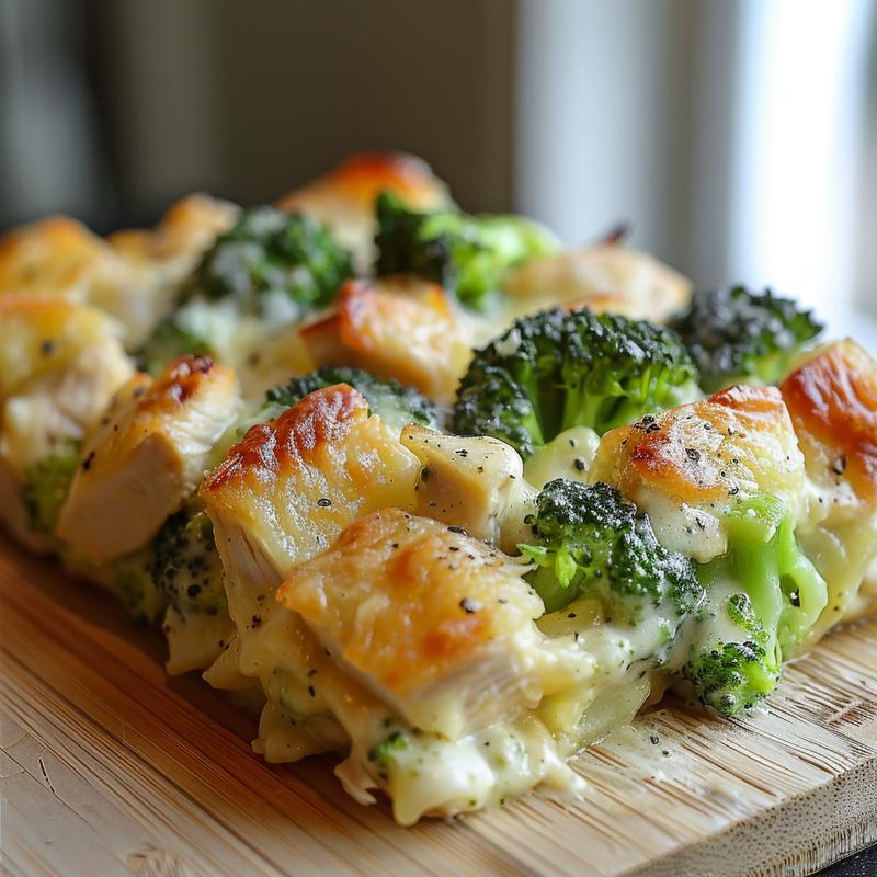 Close-up of a creamy keto chicken alfredo and broccoli casserole bake on a wood board.