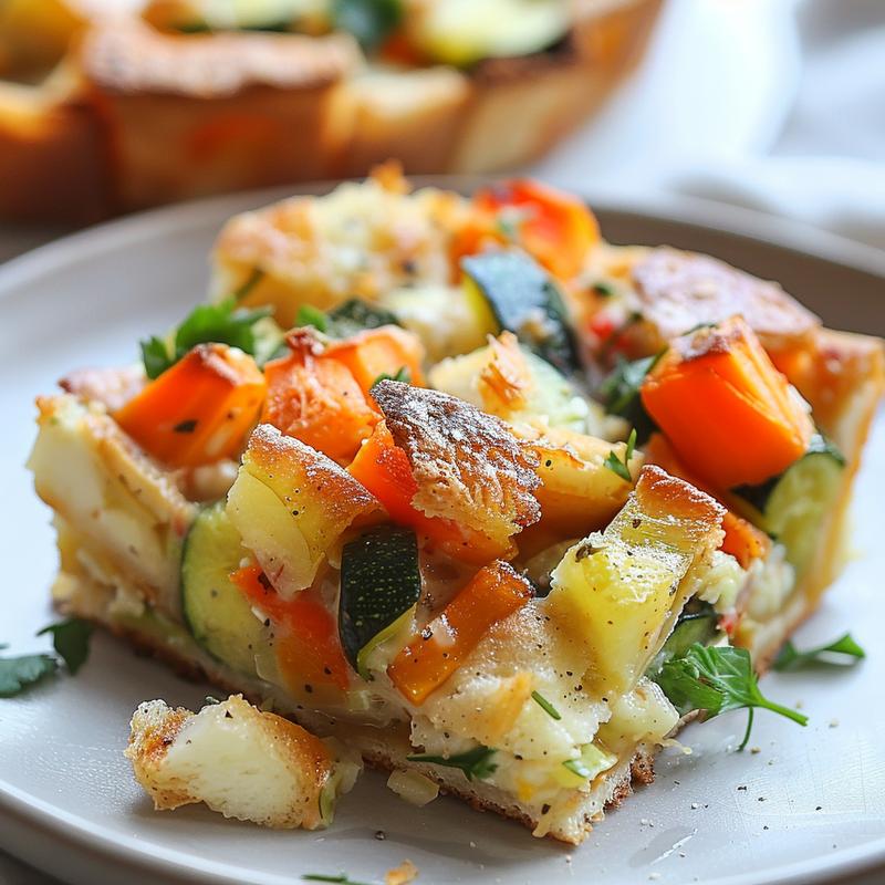Close-up of a slice of vegetable strata on a grey ceramic plate, showcasing vivid layers of vegetables and cheese.