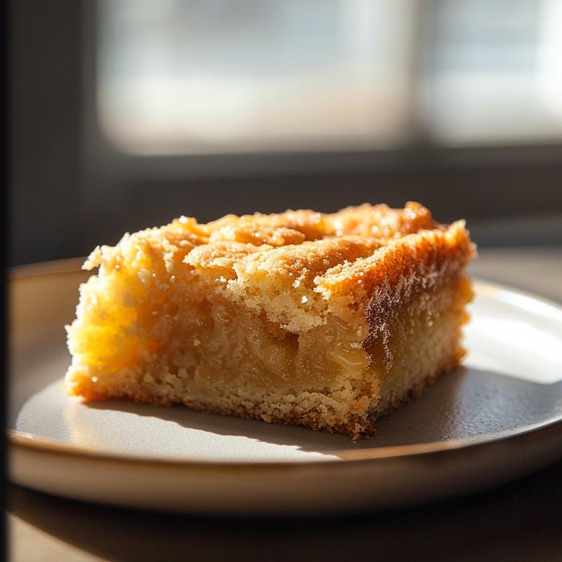 A perfect slice of dump cake presented on a light grey ceramic plate, showcasing its texture.
