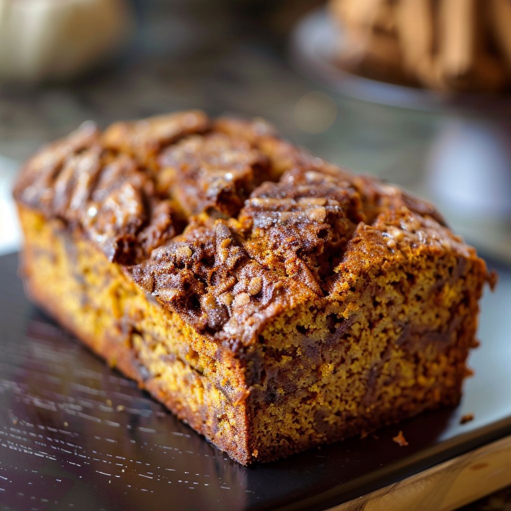 A slice of cinnamon pumpkin bread resting on a wooden board, showcasing its soft texture and rich color.
