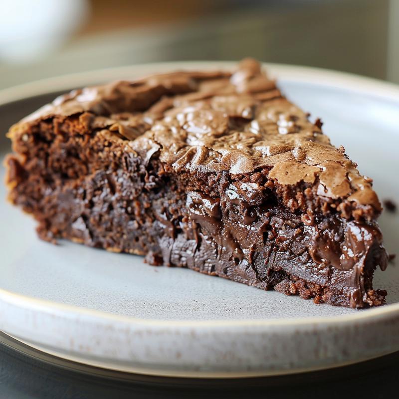 A close-up of a slice of chocolate dump cake on a light grey ceramic plate.